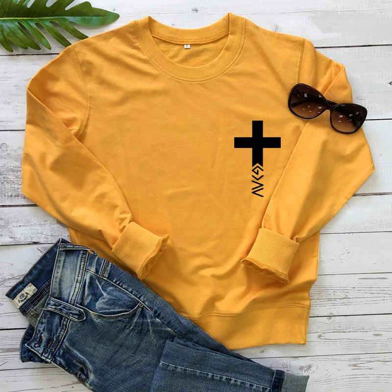 Pocket Print God Is Greater Than Highs And Lows Sweatshirt Casual Women Long Sleeve Christian Jesus Faith Pullovers Streetwear