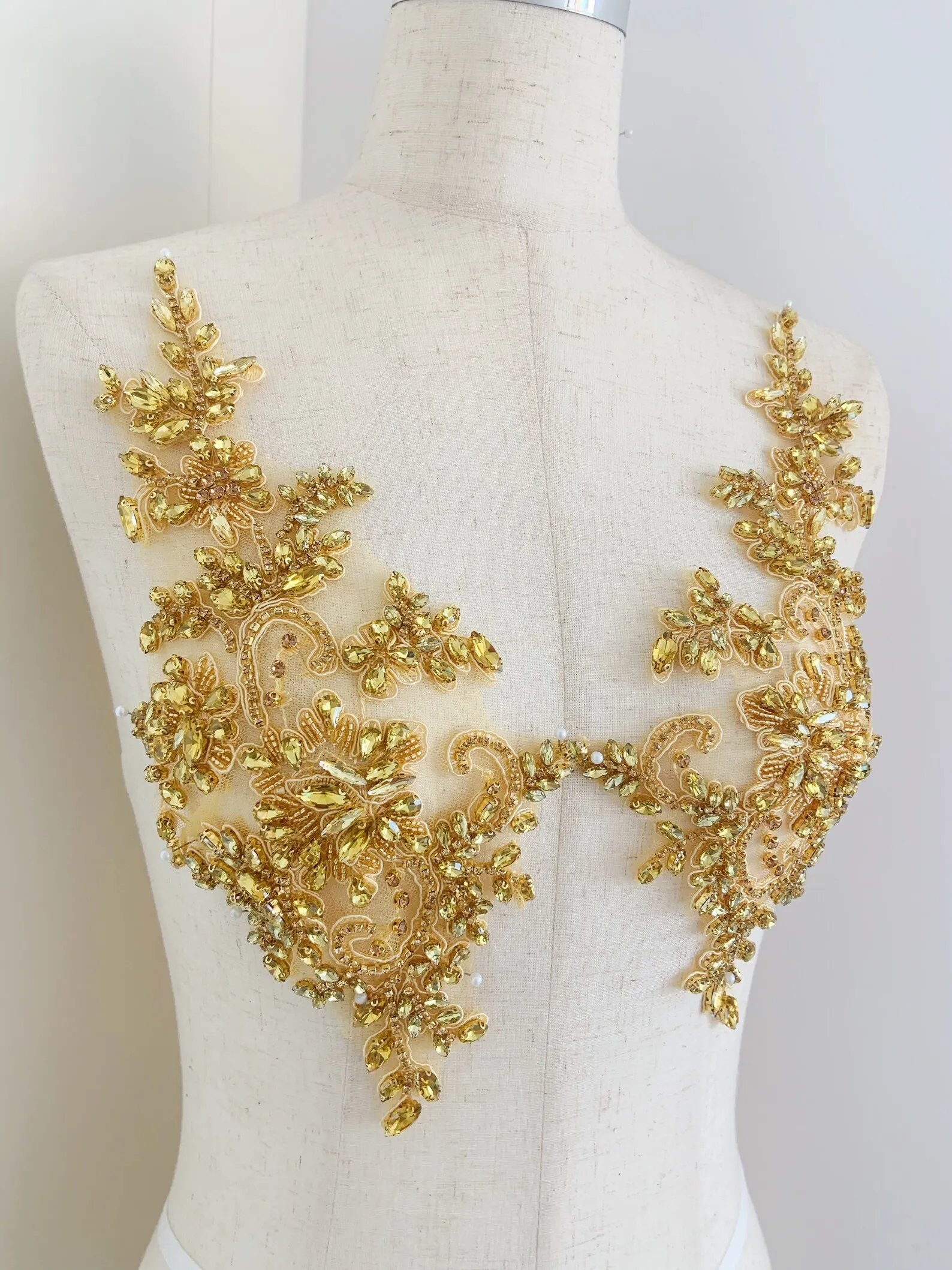 

Gold Rhinestone Appliques With Florals, French Bodice Patch For Couture, Dance Costume, Bridal Dress, Ball Gown