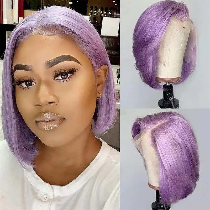 

Purple Bob Wig T Part Lilac Lace Front Wig Human Hair Colored Straight Pre-Plucked Middle Part 180% Density Blunt Cut Ubetta