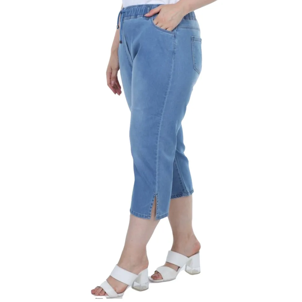 Hanezza Plus Size Women Fashion 2021 Summer Clothing Solid High Rise Calf-Length Elegant Cotton Lycra Denim Capri + 2XL - 7XL + Large Highly Seasonal Chic + 44 - 54 EU Streetwear Female Black, Dark Blue, Light Blue