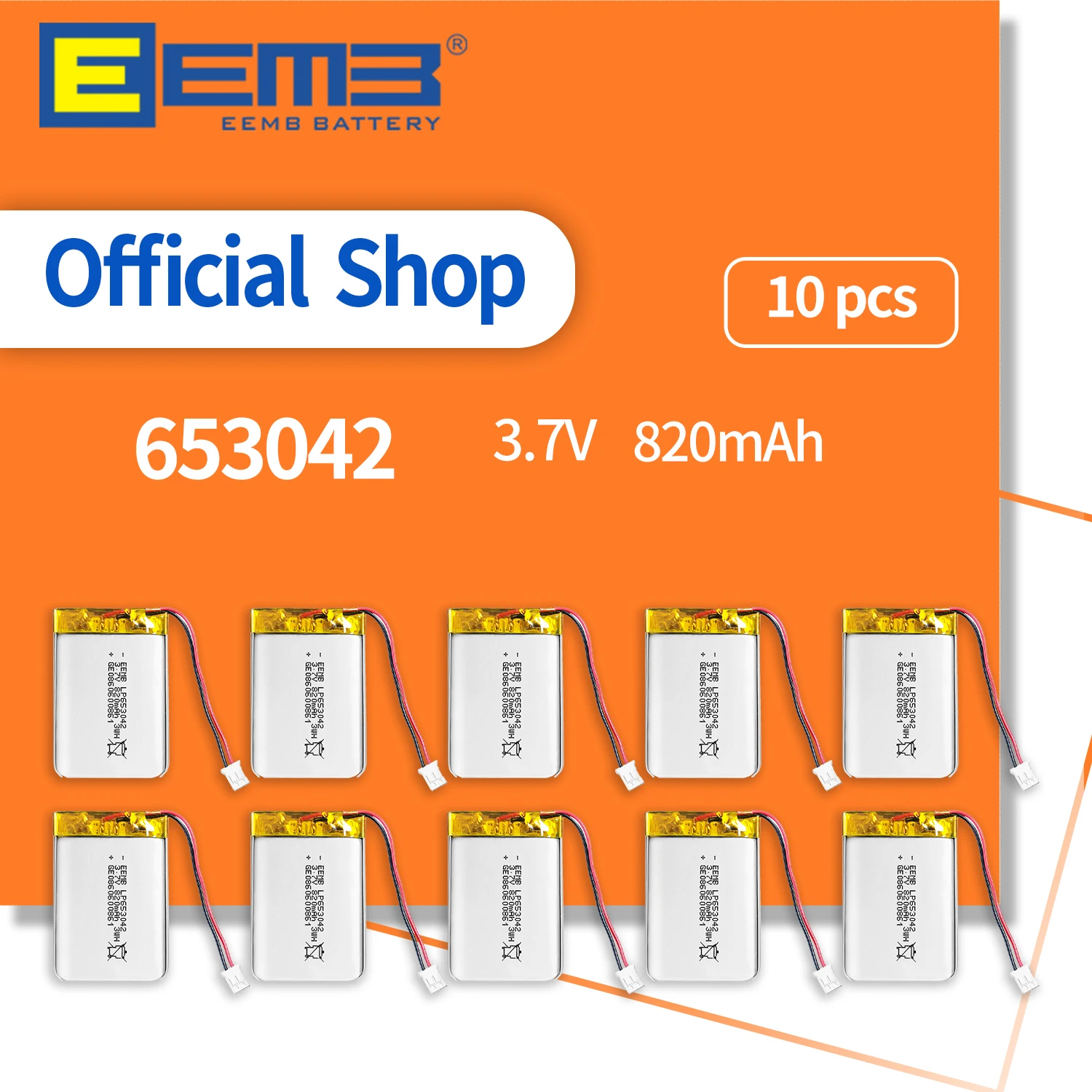 

EEMB 10PCS 3.7V Battery 800mAh Rechargeable 653042 Lithium-ion Polymer Battery Lipo Cell for Cameras Bluetooth Computer Doorbell