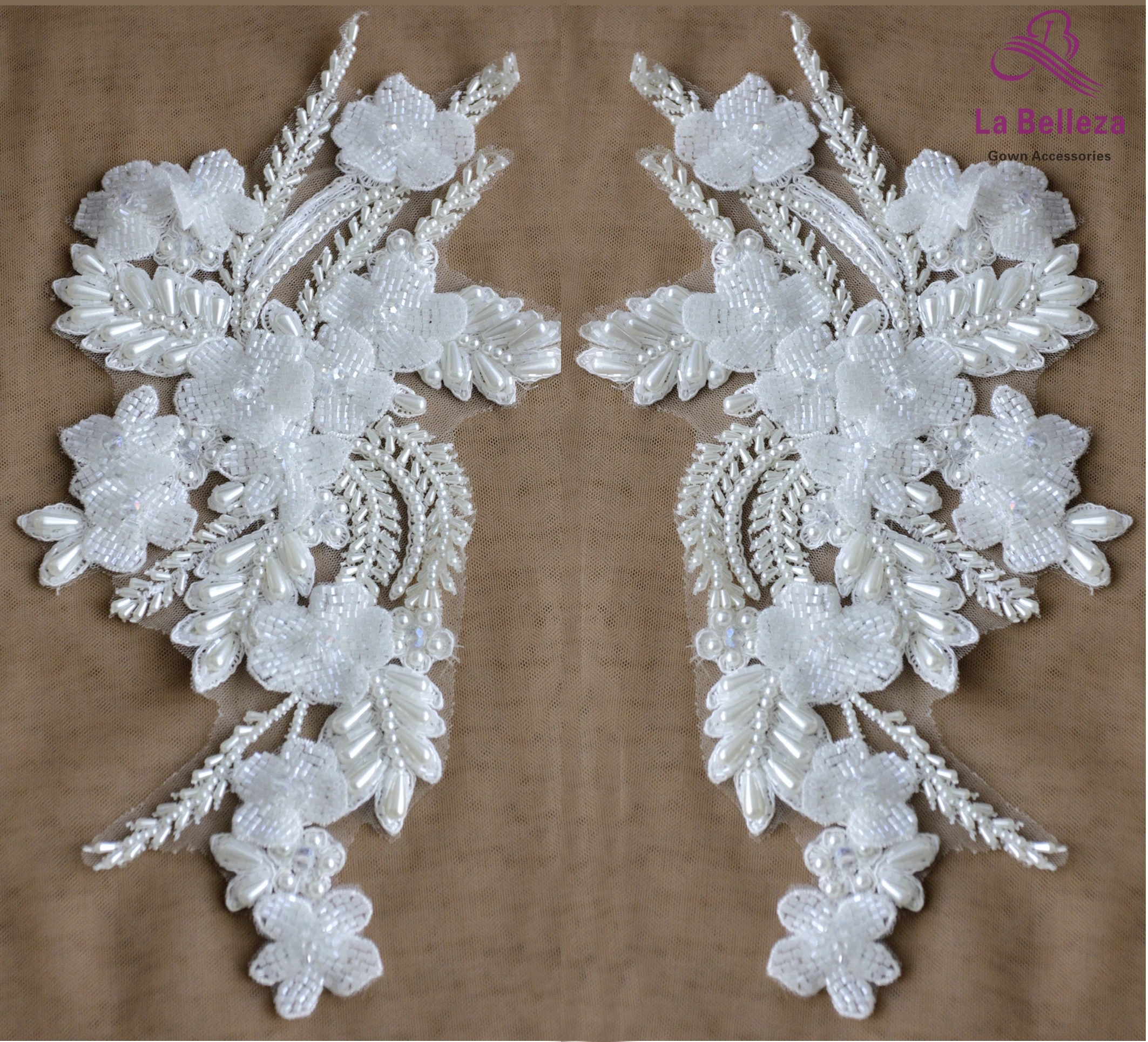 La Belleza white handmade beaded beautiful piece handmade3D flowers Rhinestone patch wedding dress applique accessories