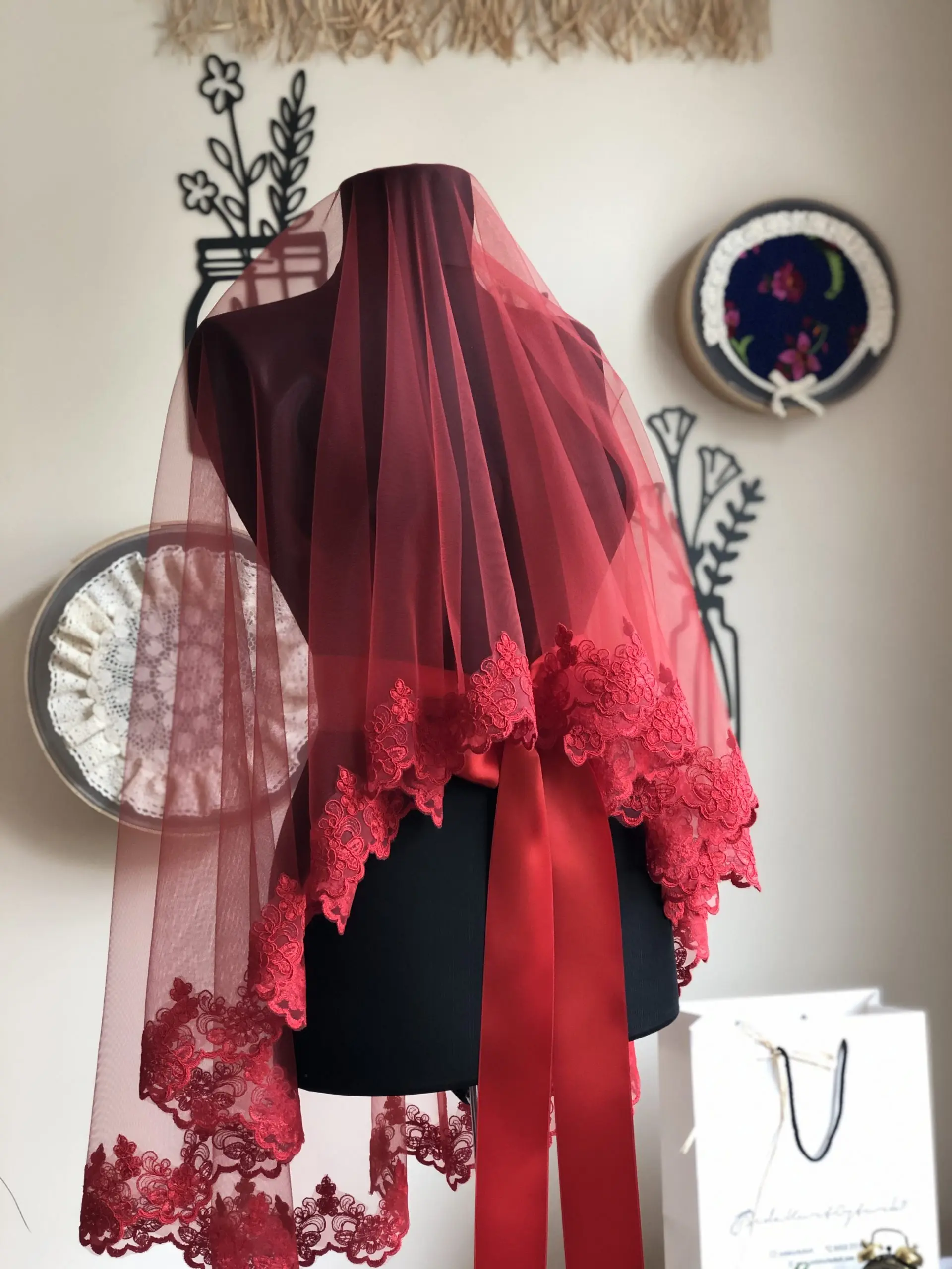 Floral Bride Red Veil and Satin Belt Wedding Marriage Henna Accesorries Luxury Lace Guipure Burgundy Bride 2021