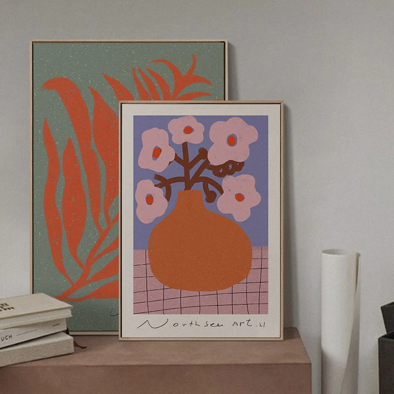 

Abstract Flowers Orange Leaves Wall Art Canvas Painting Vintage Poster Purple Line Prints For Livingroom Modern Home Decor