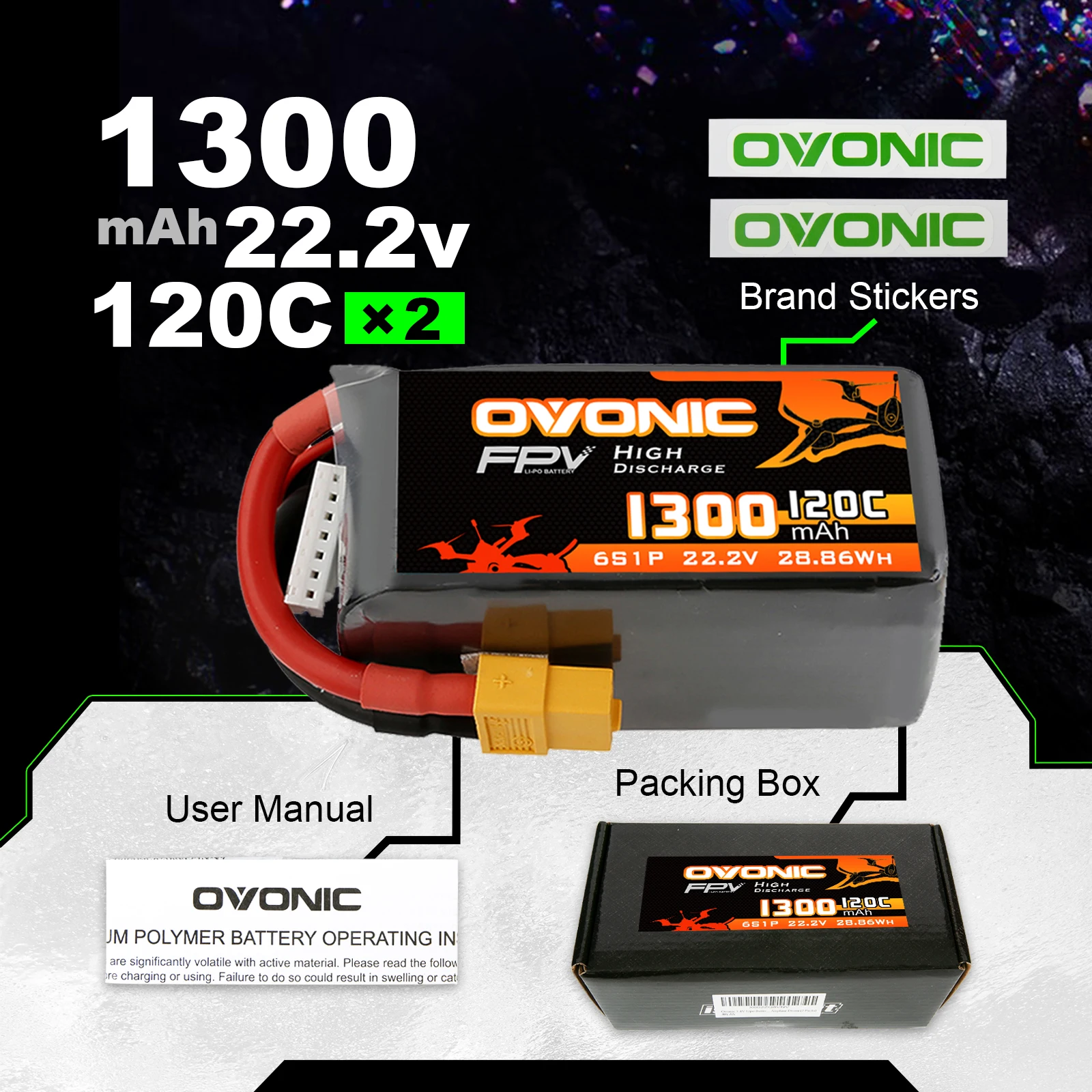 Ovonic 6s 120C 6S 1300mAh 22.2V LiPo Battery Pack for FPV Racing XT60 Plug strong 120C discharge rating and fast charging rate