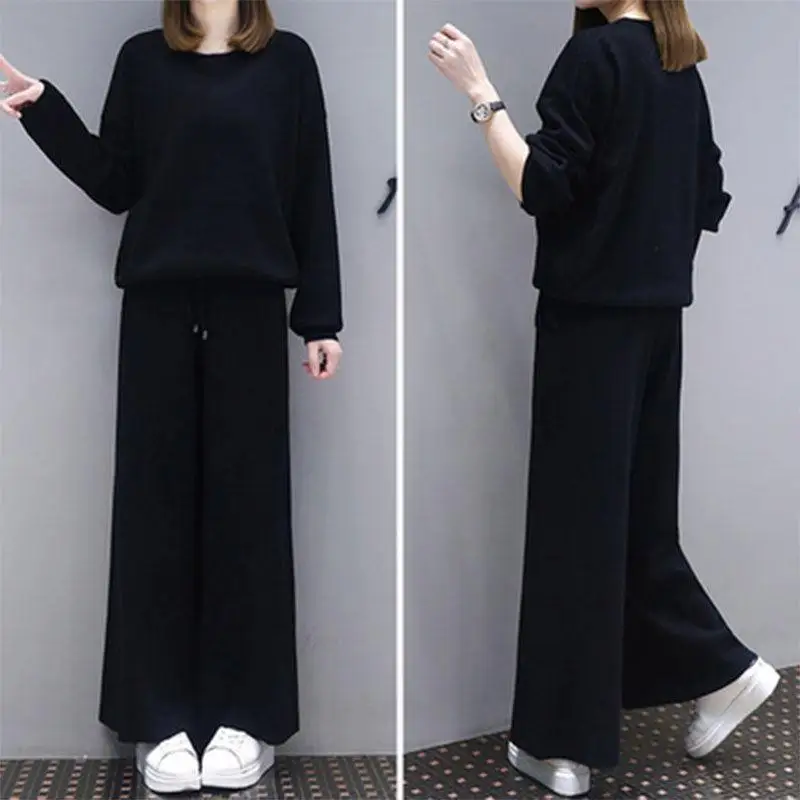 black Round neck Two Piece Set Tracksuit Women High Waist Wide Leg Pants Women Suit 2 Piece Set Women 2022 Jogging suit Running