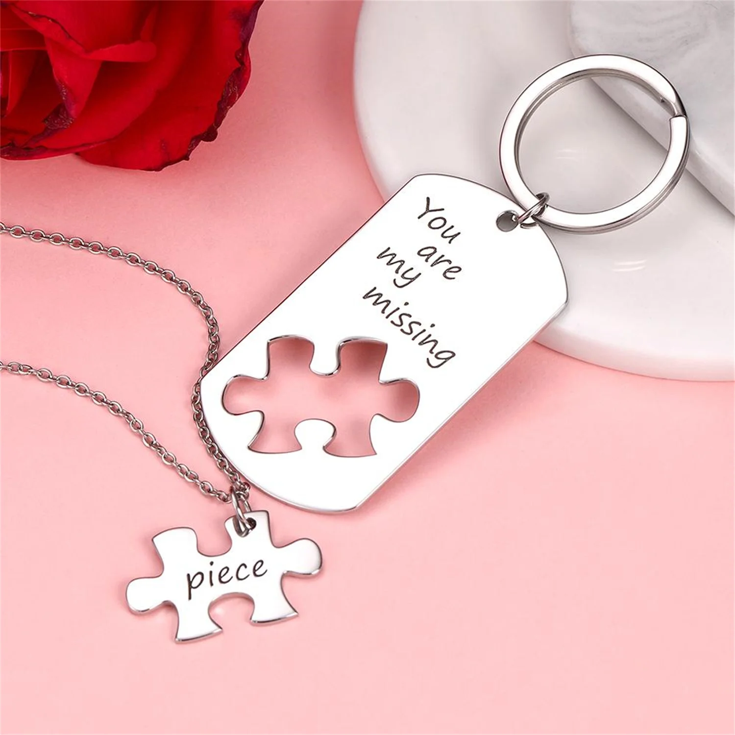 Custom Engraved Keychain And Necklace Set - Puzzle Dog Tag Personalized Engraving Custom Jewelry Stainless Steel Jigsaw Pendant