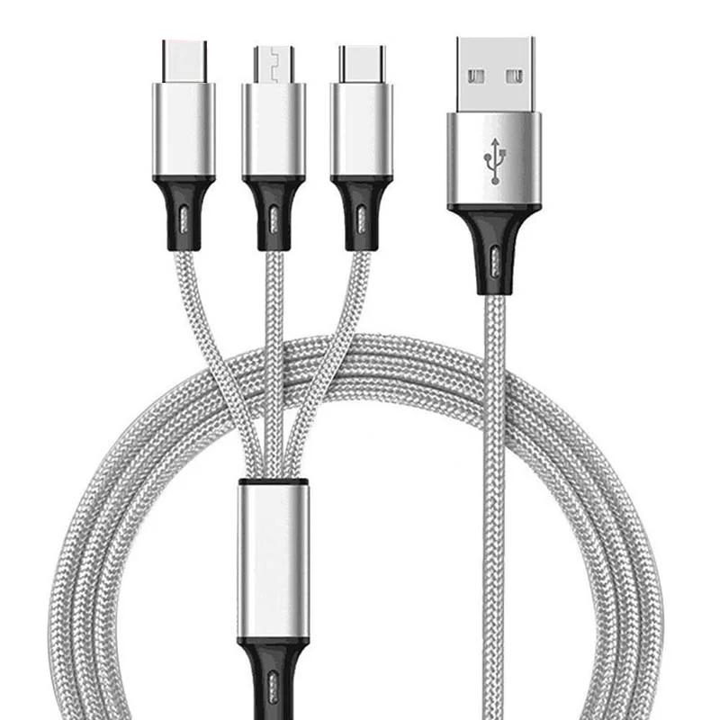 

3 In 1 USB C Nylon Braided Cable 3A Fast Charging Charger For Iphone Android Micro Type C Multifunctional