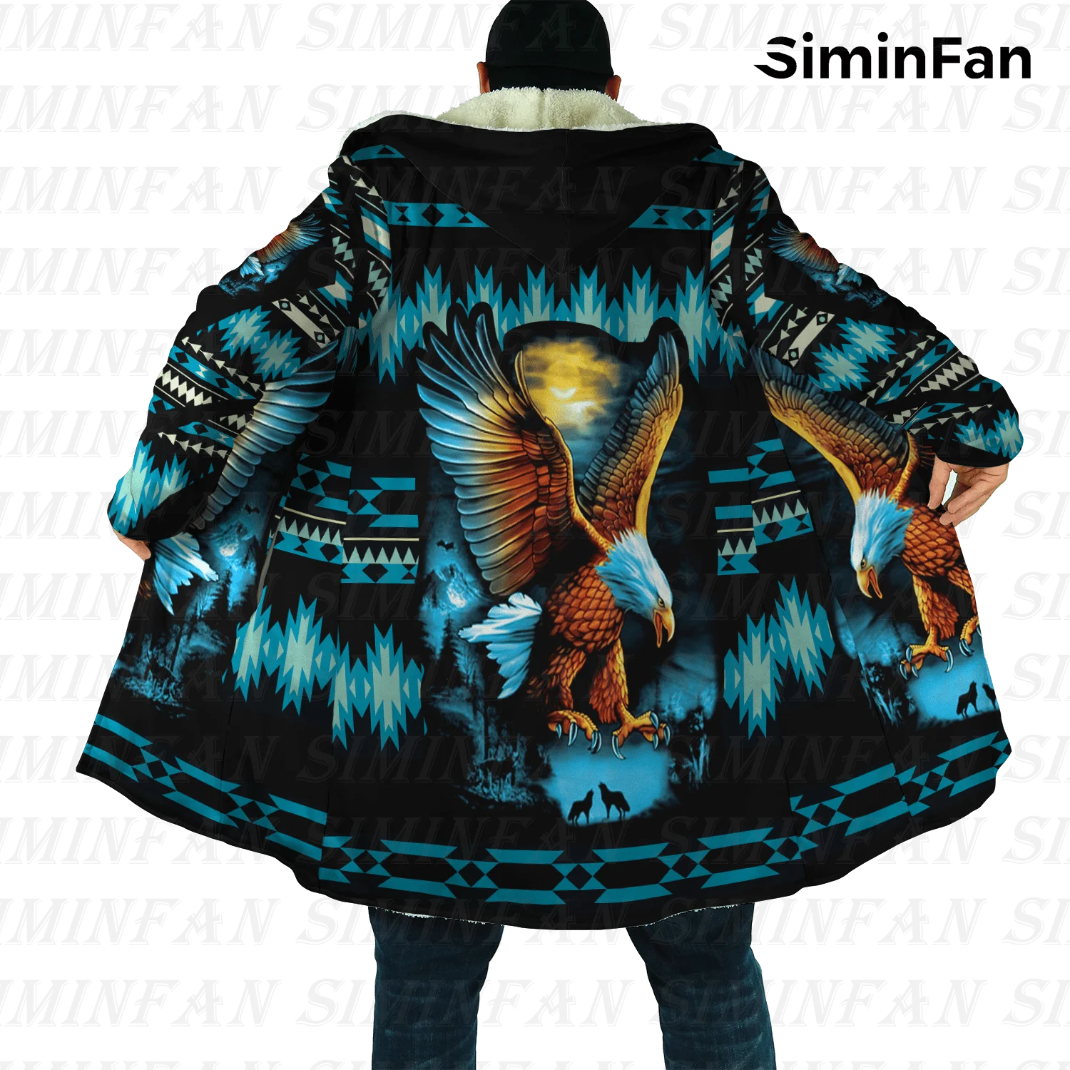 

Tribal Style Wolf Eagle 3D Printed Mens Hooded Cloak Windbreaker Winter Thick Flannel Coat Unisex Casual Warm Fleece Jacket 03