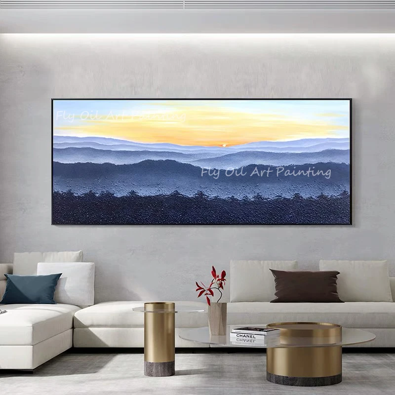 

100% Hand Painted Big Size Modern Abstract blue mountain with sunrise colorful oil painting for office living room decoration