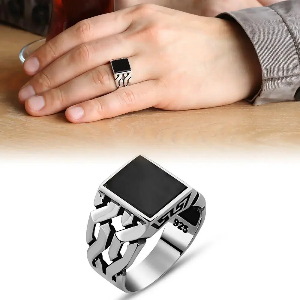 

MEN 'S 925 Sterling Silver Ring, Chain Design Black Onyx Cubic Zirconia, Male Gift Accessory, handmade High Quality Made in Turkey Fashion