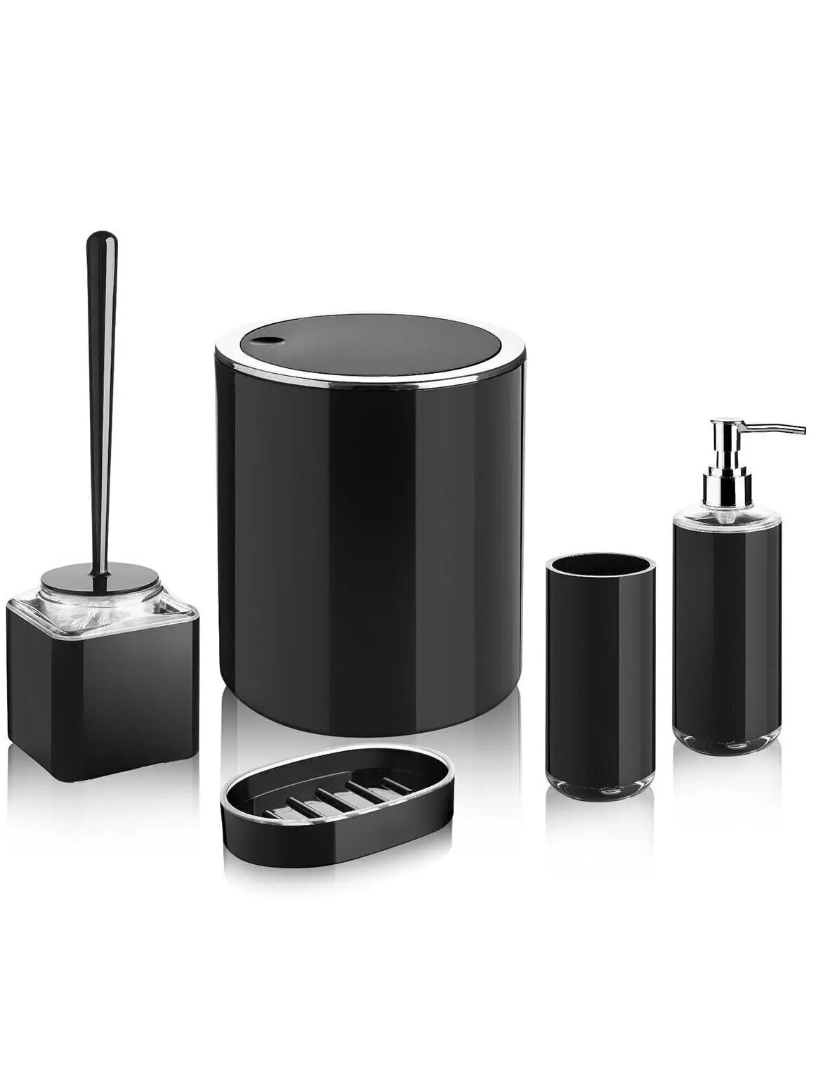 Quality Lux 5 Pcs Pure  Black Bathroom Accessories Set Toothbrush Holder Toilet Brush Liquid Soap Dispenser Soapholder Trash Can