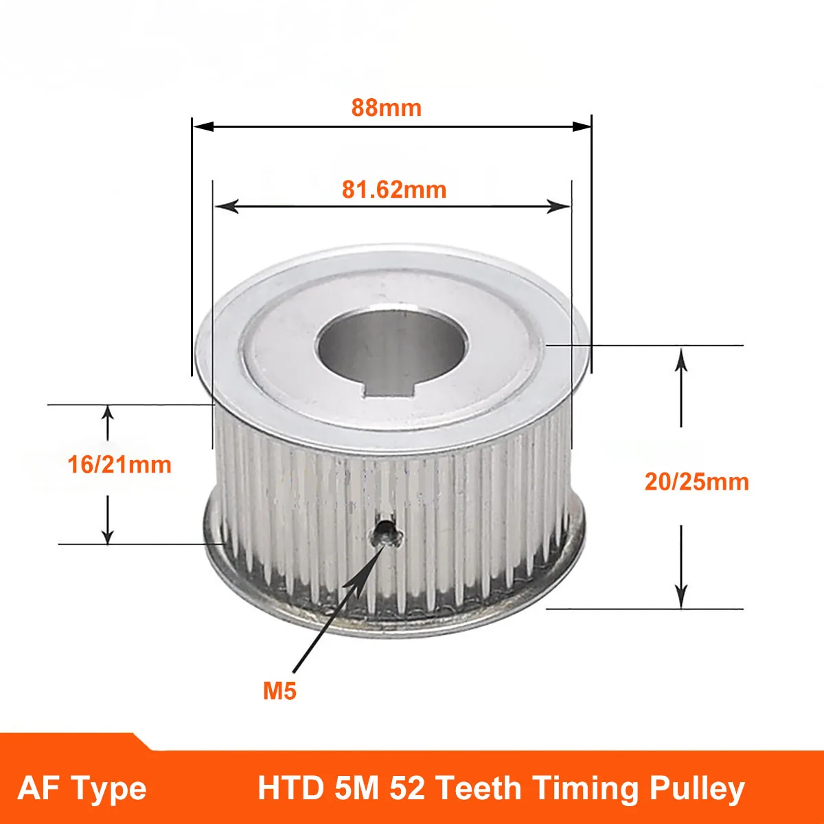 

HTD 5M 52 Teeth Timing Pulley Synchronus Wheel AF Keyway Bore Aluminium Idler Pulley Tooth Width 16mm 21mm