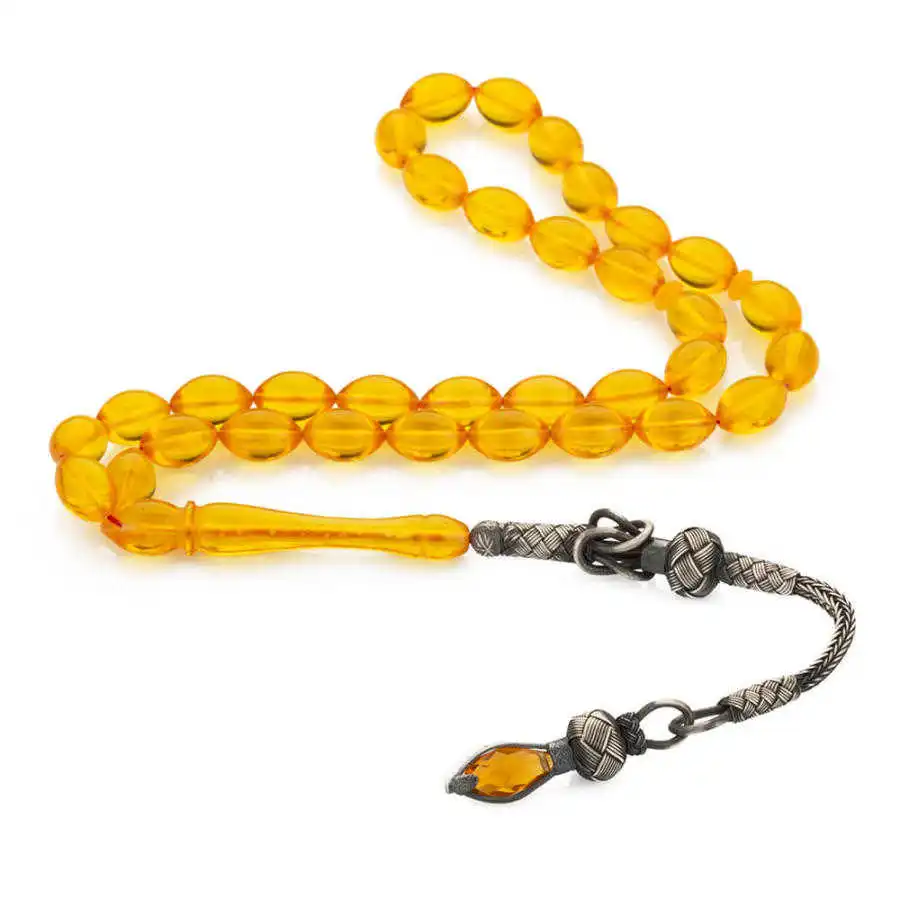 Barley Cut Yellow Bakalite Rosary with 1000k Silver Tassel Stylish Design That Provides Long-term Good Quality And Durability