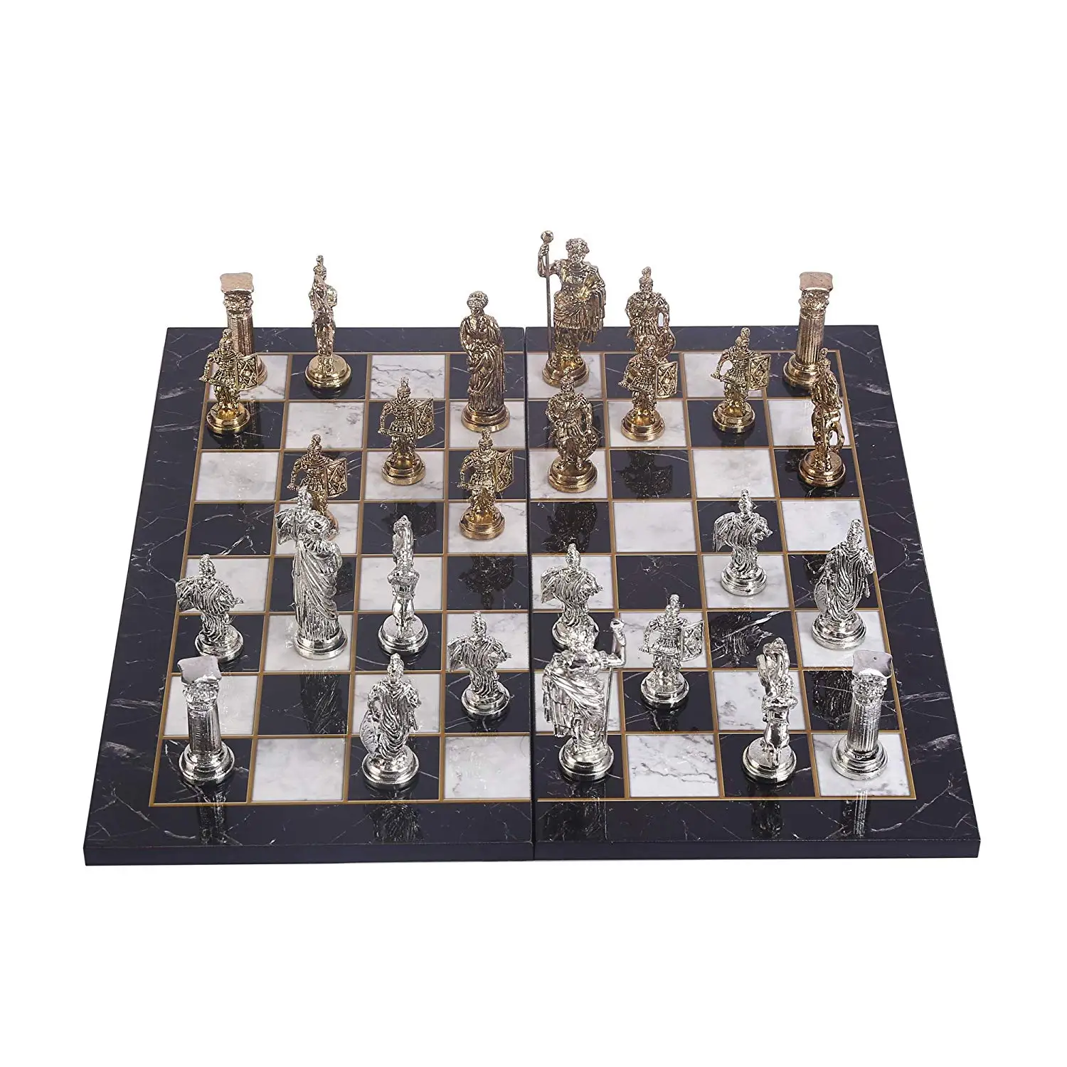 Historical Rome Figures Metal Chess Set for Adult,Handmade Pieces and Marble Design Wood Chess Board King 11cm