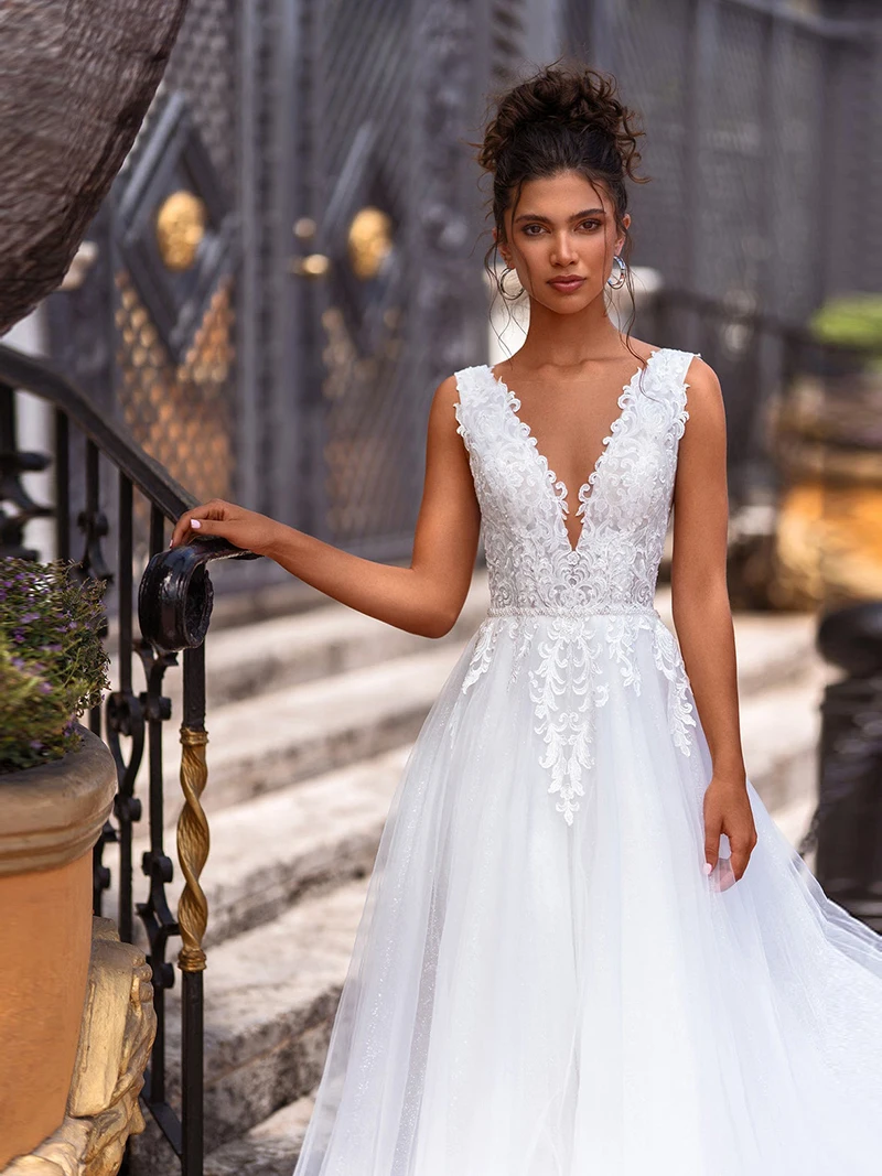 Robe de mariée en dentelle style bohémien, col en v, Maxi, ligne A, en Tulle, avec Train court, élégante, dos nu, princesse, blanche, pour fête, 2021