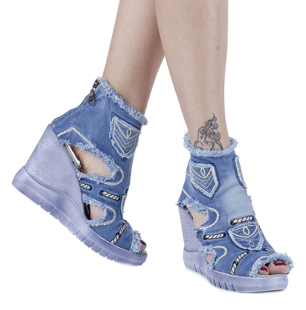 Jeans Boots Shoes Handmade High Bottom Ankle Boots Women's Shoes/denim sandals, denim sneakers, women's shoes,denim shoes/ 5017