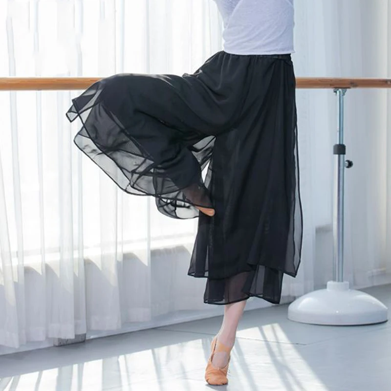 Chiffon Culottes Loose Pleated Wide Leg Palazzo Pants Women Dance Harem Skirt Clothes Flowy Trousers Classical Dancer Black