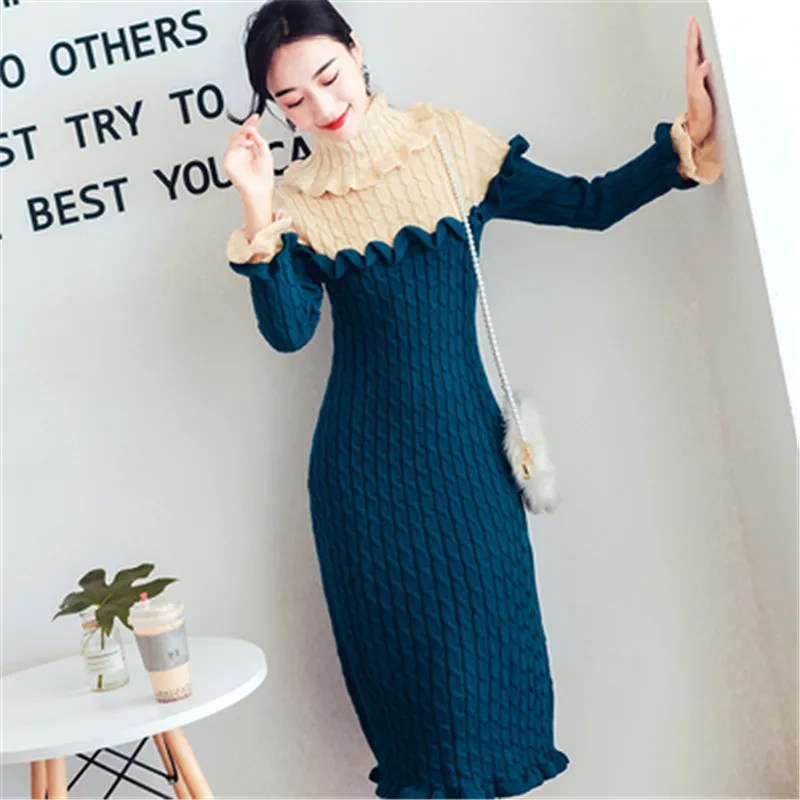 Sweater Slim Dress 2020 Autumn Winter New Retro Elegant Large Lapel Collar Color Matching Thin Temperament Long Sleeve Dress