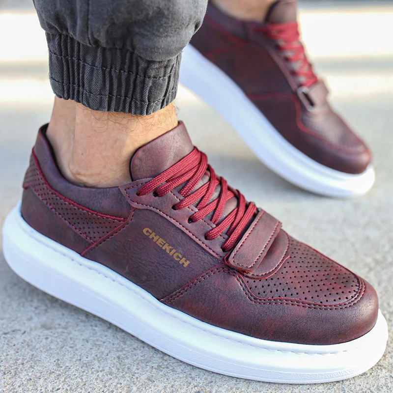 

Chekich Shoes Claret Red Color Lace Up Faux Leather Spring and Autumn Seasons Sneakers for Men Casual Breathable Comfortable Odorless Velcro Band Orthopedic Sewing Sole Vulcanized Hot Sale Male Footwear New CH073 V1