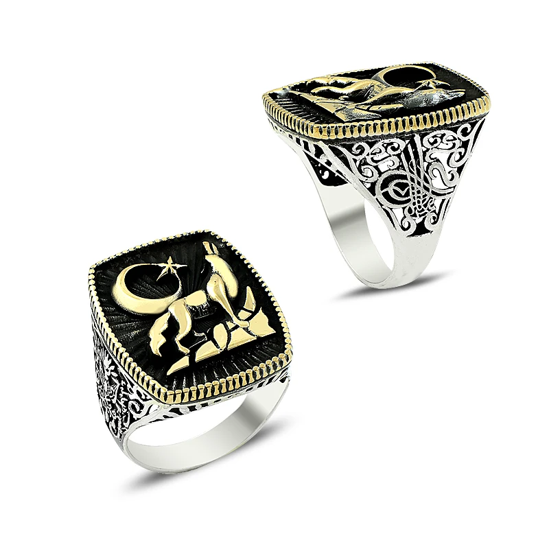 925 Silver Tribal Wolf and Moon Star Turkish Rings for Men Ottoman Etnic Vintage Antigue Fine Jewellery Biker Ring Accessorie