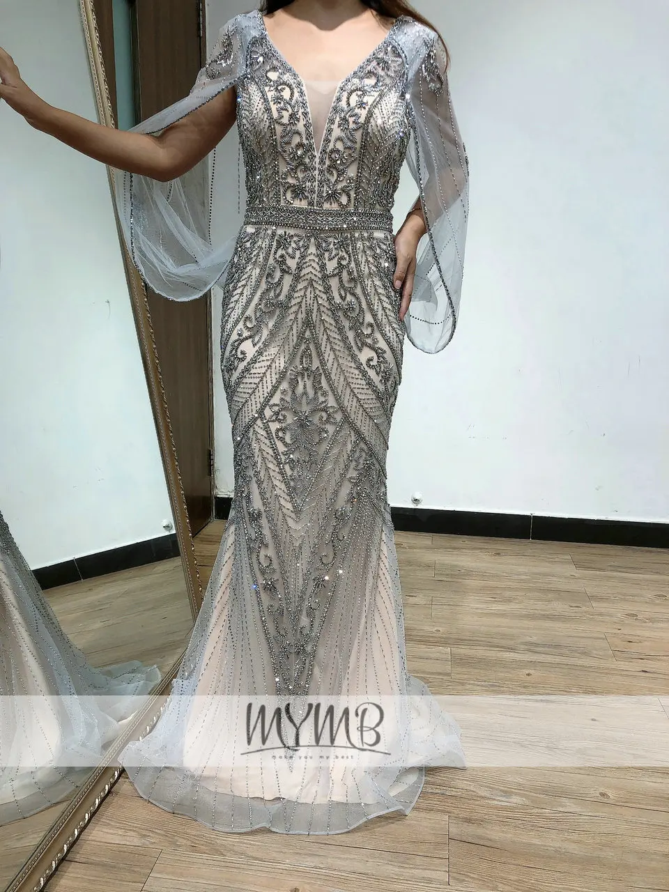 MYMB Brand Exclusive Full Crystal Beading Luxury Mother Of Bridal Dress With Cape Mermaid Plus Size Women Evening Gown MY81108