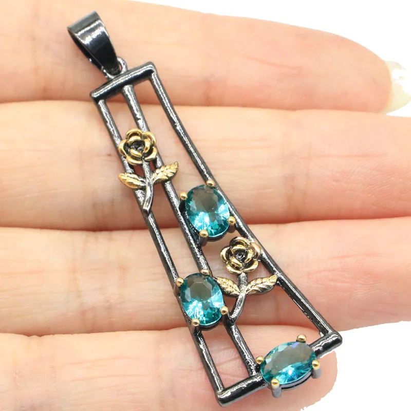 56x17mm Bohemia Design Long 4.2g Created Aquamarine Iolite Green Tsavorite Garnet Pink Kunzite Black Gold Silver Pendant