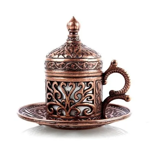 Turkish Coffee Cup Copper Handmade Authentic Design Coffee Espresso 1 Service, Cups Saucers Lids Tray Delight Candy Dish GIFT