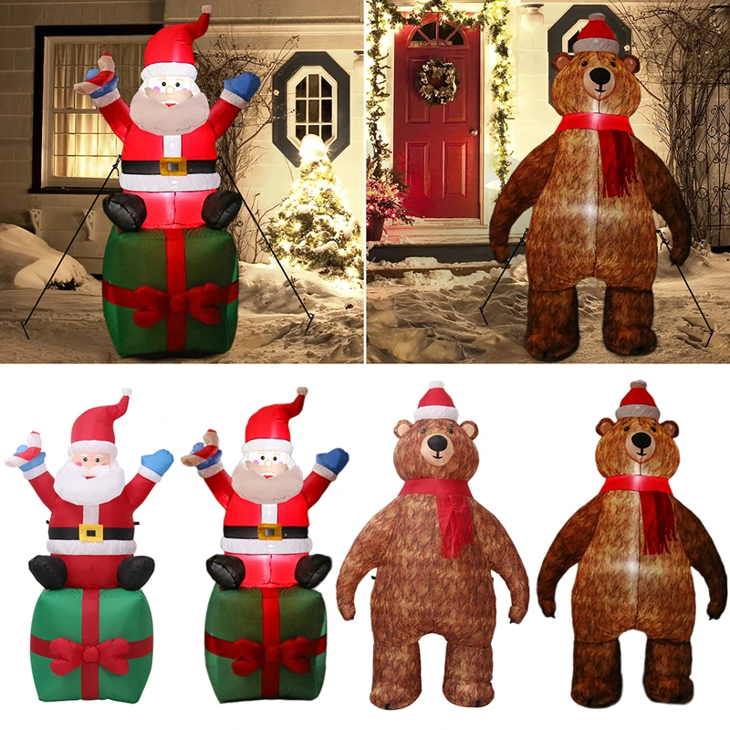 1.2/1.8M Inflatable Xmas Bear Night Light Merry Christmas Santa Claus Holiday Lighting Outdoor Garden Decor Xmas Party Kids Gift