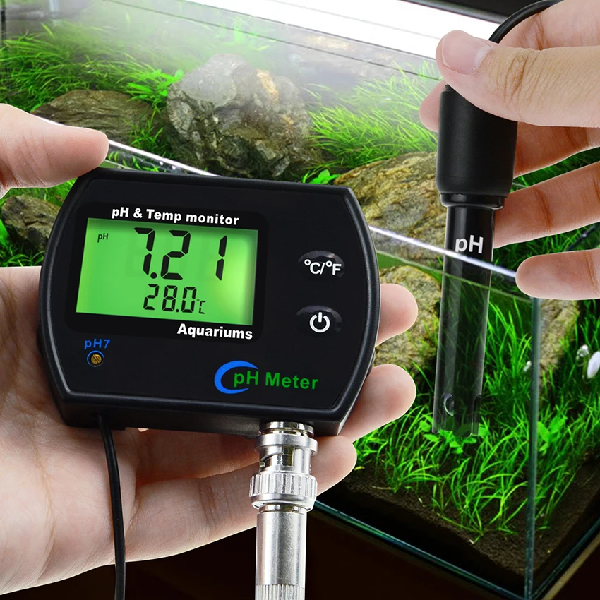 PH and Temperature Monitor 2-in-1 Dual Display with Manual Calibration & Replaceable Electrode for Pool, Aquarium, Spas, Lab