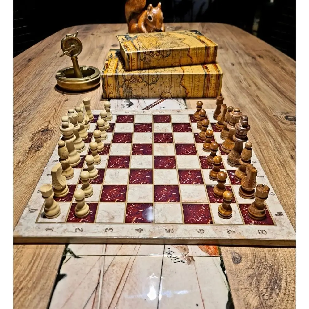 Wooden Chess Set Black - Red Marble Luxury Marble Wooden Game Pieces Wooden Board Game Chess Figures Gift for Friend, Father