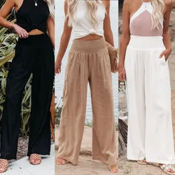 Plus Size 3XL 2019 Summer New Hot Cotton Linen Women Wide Legs Pants Solid Casual High Waist Button Trousers Female Loose Pants