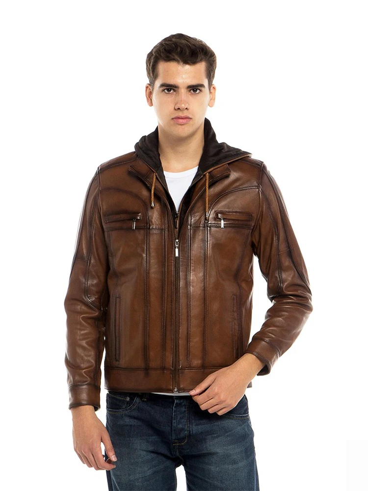 Genuine Soft Lambskin Leather Jacket Handmade Man Brown Jacket Biker Motorcycle Hooded Bomber Real Fur Coat Custom Product