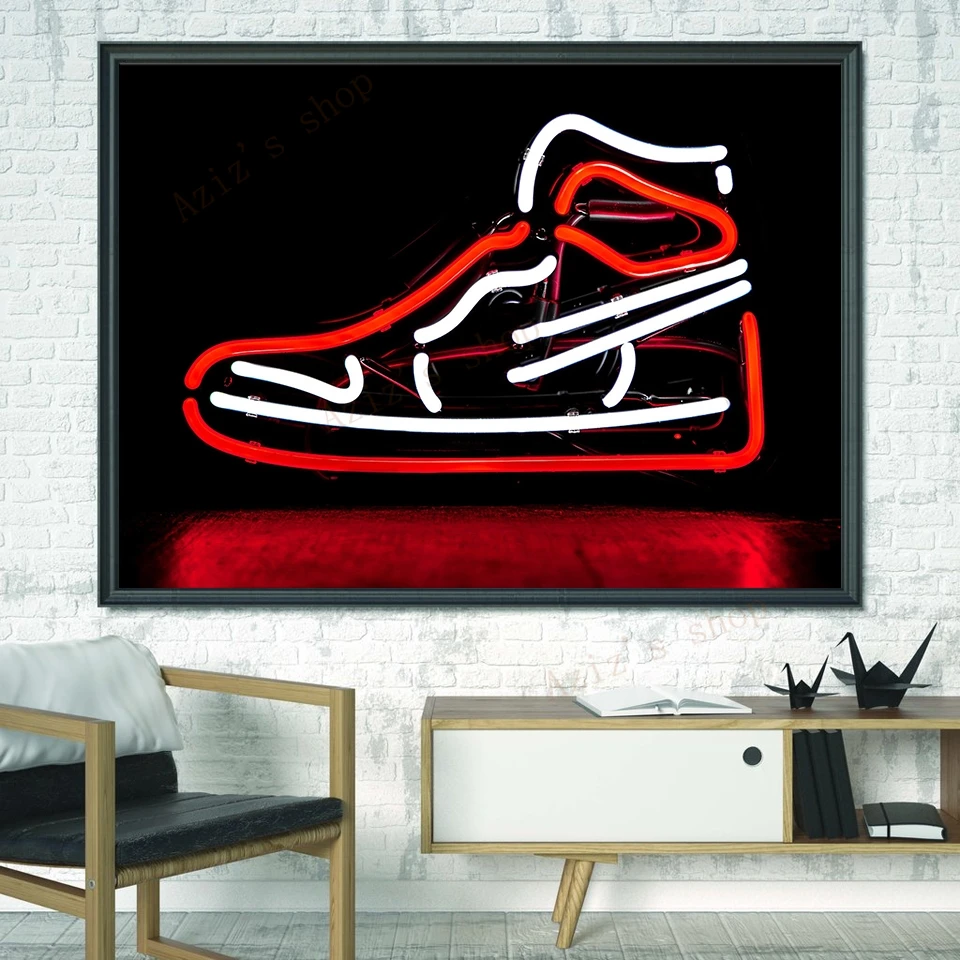 Neon Sign Sneakers Canvas Painting Poster Printing Retro Fashion Basketball Sneakers Pictures Modern Boys Room Home Decor Art