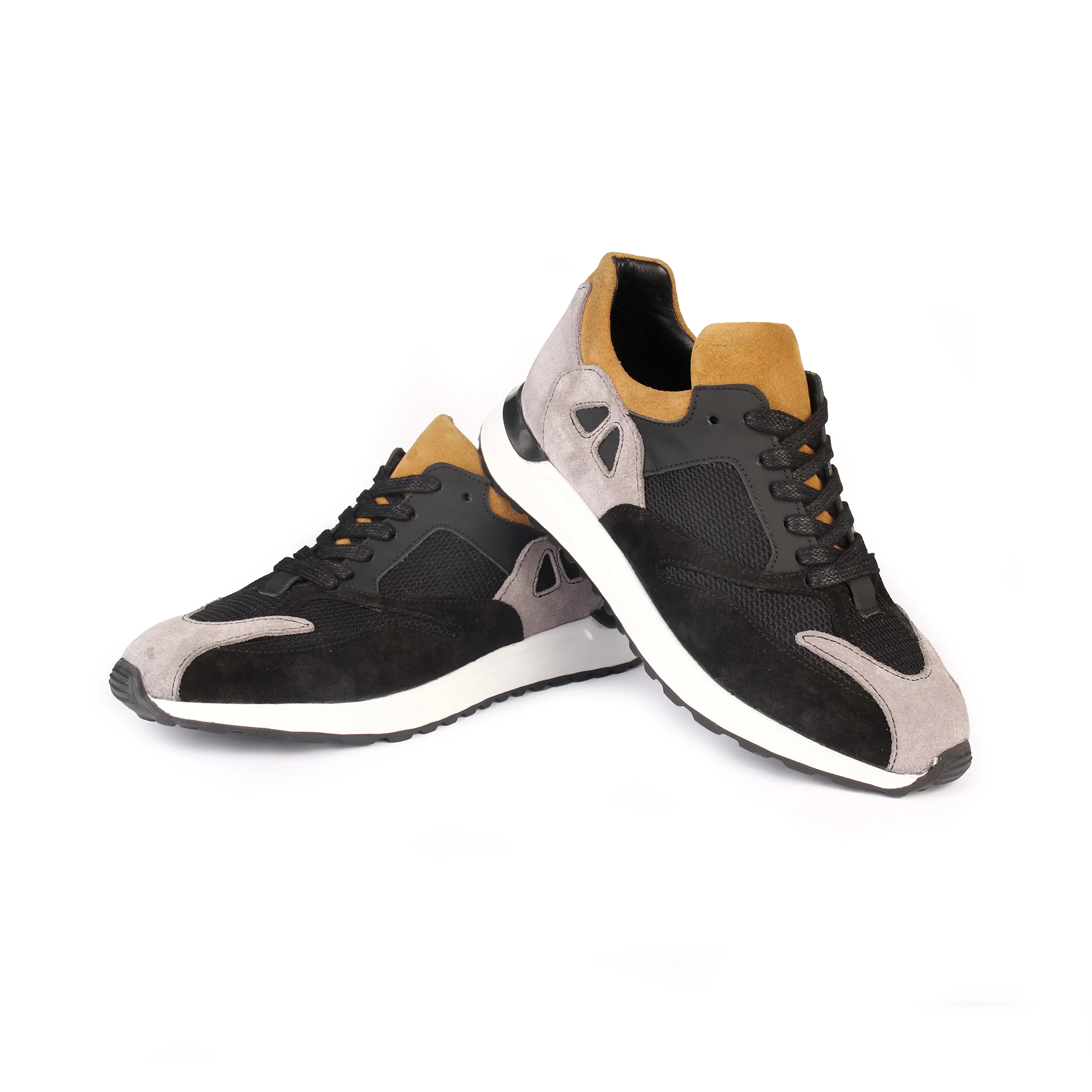 Handmade Sport Sneakers with Lightweight EVA Sole, Black Gray Mustard Real Calfskin Suede, Men's Casual Running Shoes