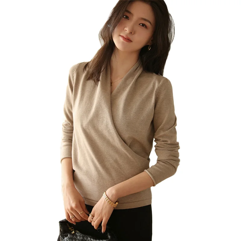 Wrap Over Sweater Women Elegant Long Sleeve Wrapped Pullover Tops