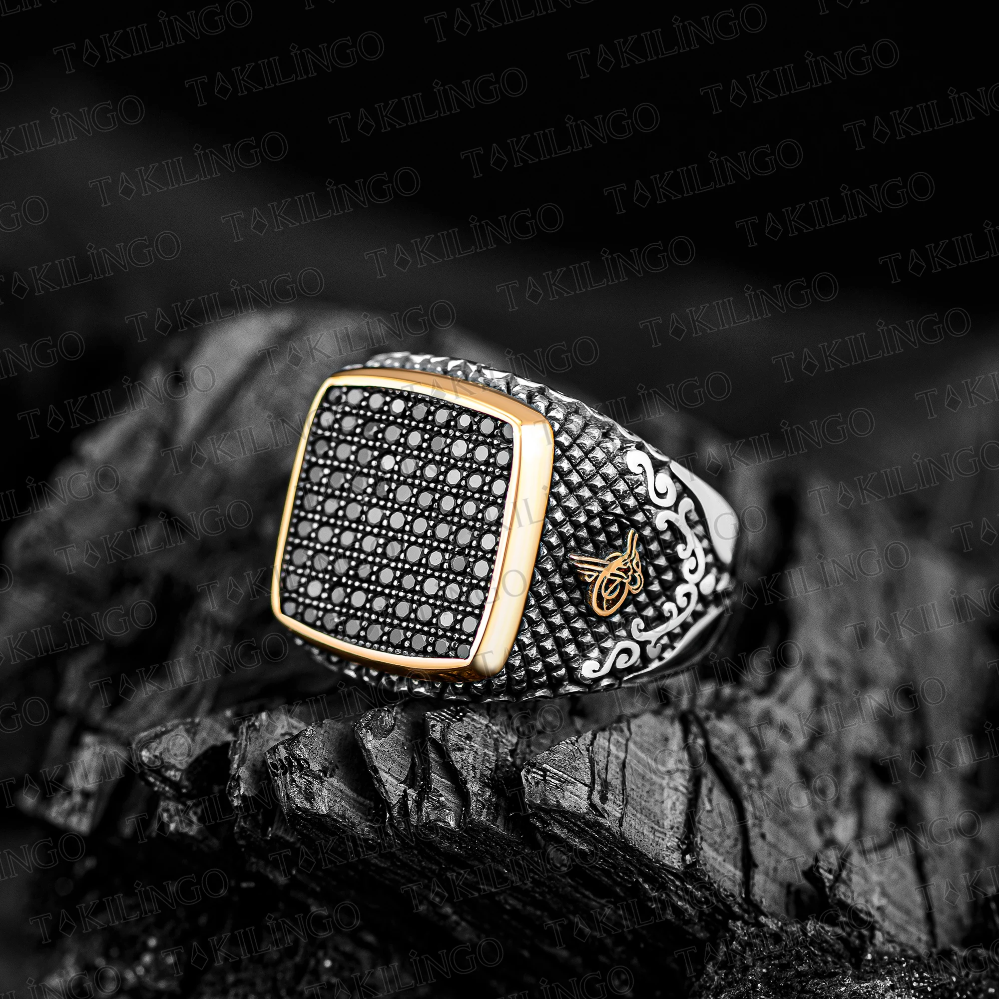 

925 Sterling Silver Black Mini Zircon Stone Sides Ottoman Seal Tugra Model Craftsman Handmade AuthenticVintage Biker Men's Ring