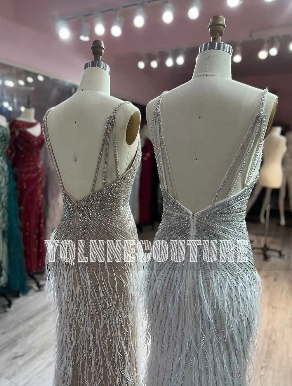 YQLNNE Nude Long Crystals Evening Dresses Feathers Mermaid Split Pageant Gowns Competition Diamonds Party For Women