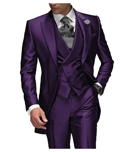 Trajes de boda de un solo pecho con solapa de pico para hombre, esmoquin morado para novio, trajes de graduación, chaqueta de padrino de boda, pantalón y chaleco, superventas, 2025