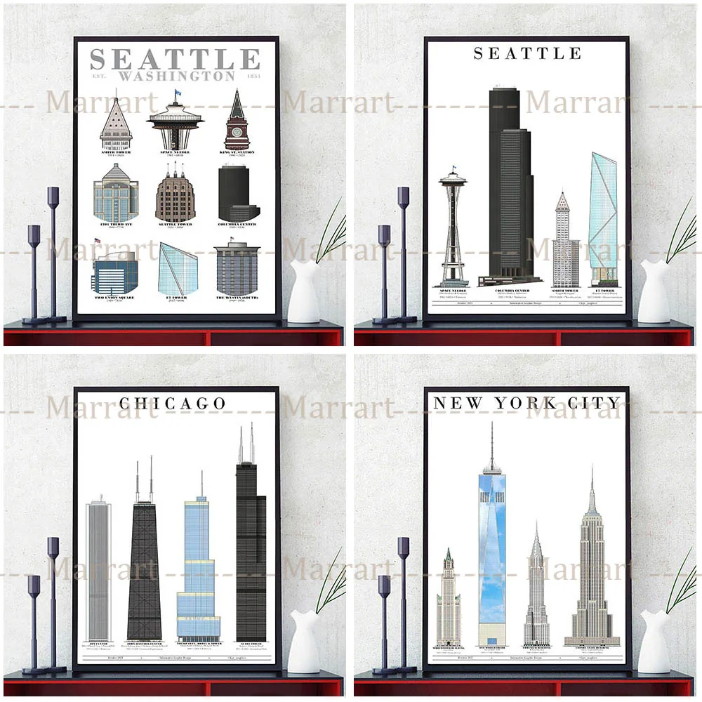 

Seattle Architecture Postcards Art Prints Chicago And New York Landmark Wall Art Canvas Painting Home Decoration Poster Unframed