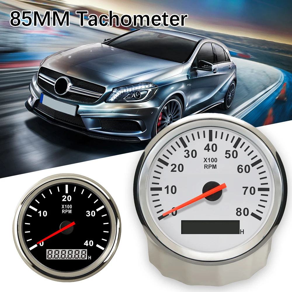 85mm Car Boat Tacho Sensor Marine Tacho Meter with LCD Hourmeter 3000 4000 6000 8000 RPM  Boat Tachometer 12V/24V Red Backlight