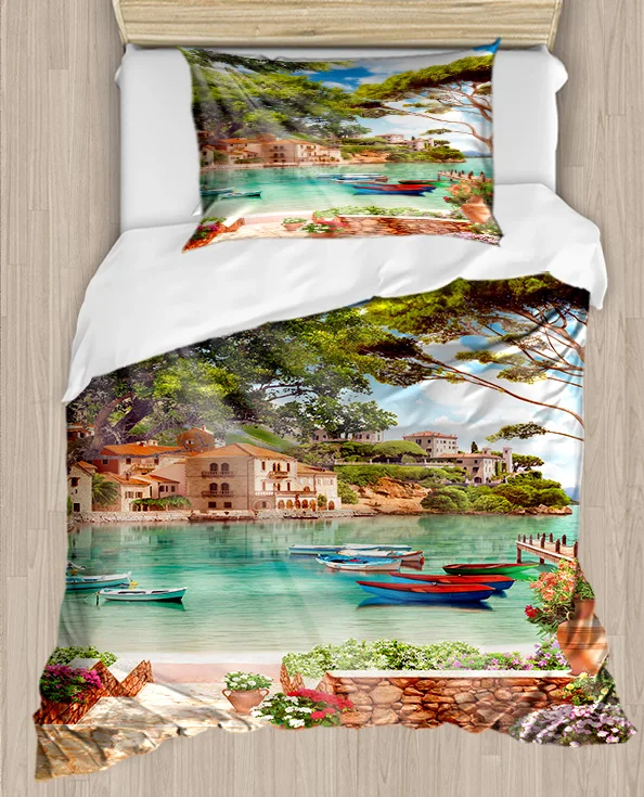 

Else Country Sea Side Wiev Tree Beach 4 Piece 3D Print Cotton Satin Single Duvet Cover Bedding Set Pillow Case Bed Sheet