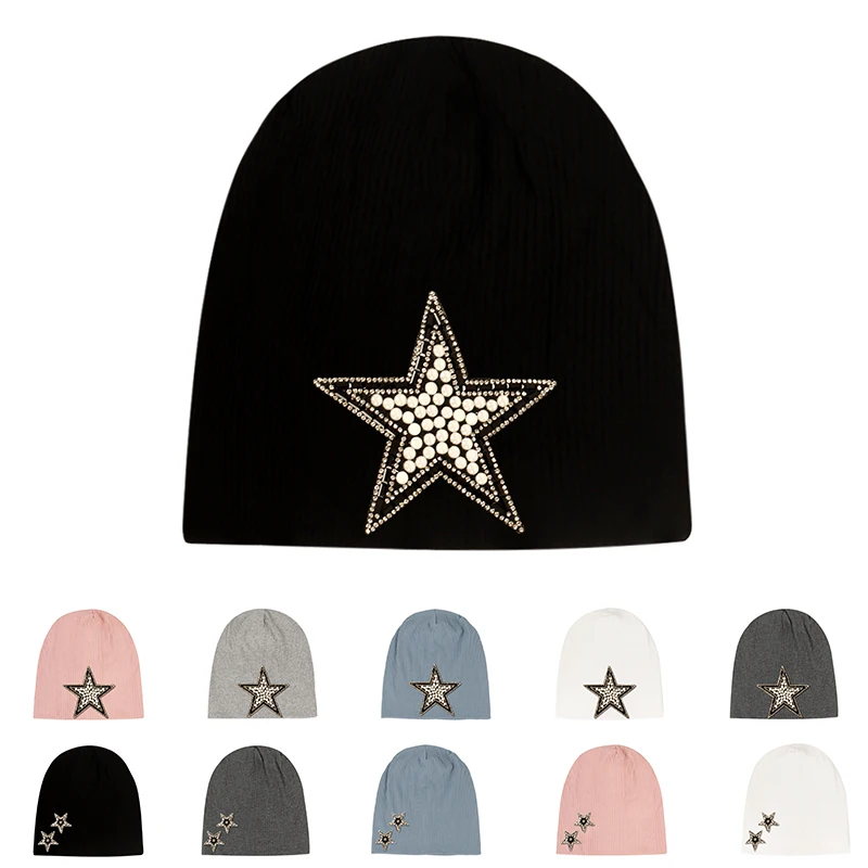 Women Cotton Ribbing Knitted Soft Skullies Beanies Hat Solid Color Warm Elastic Ladies Cap With Pentagram Rhinestone Accessories