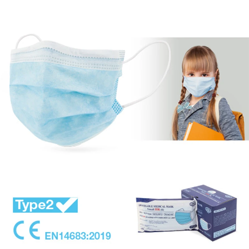 Lot of 50 disposable hygienic masks. For boys or girls. With moulded nasal adjustment strip and elastic rubber bands.