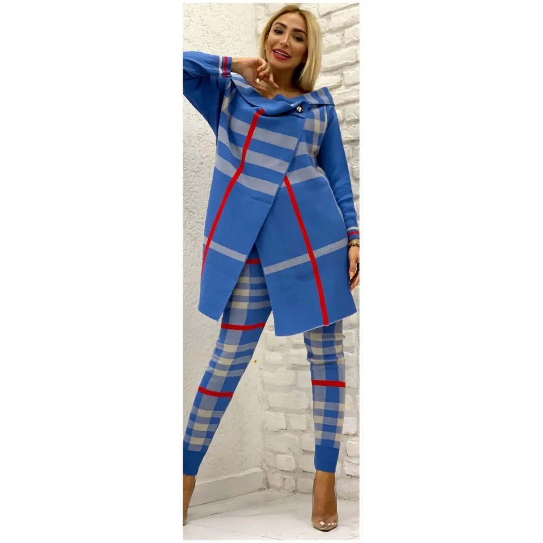 2 Pieces Women\'s Knitwear Buttoned Cachet Top and Pants Double Flexible Suit Set Striped Turkey Dubai 2021 Fashion Clothing Set