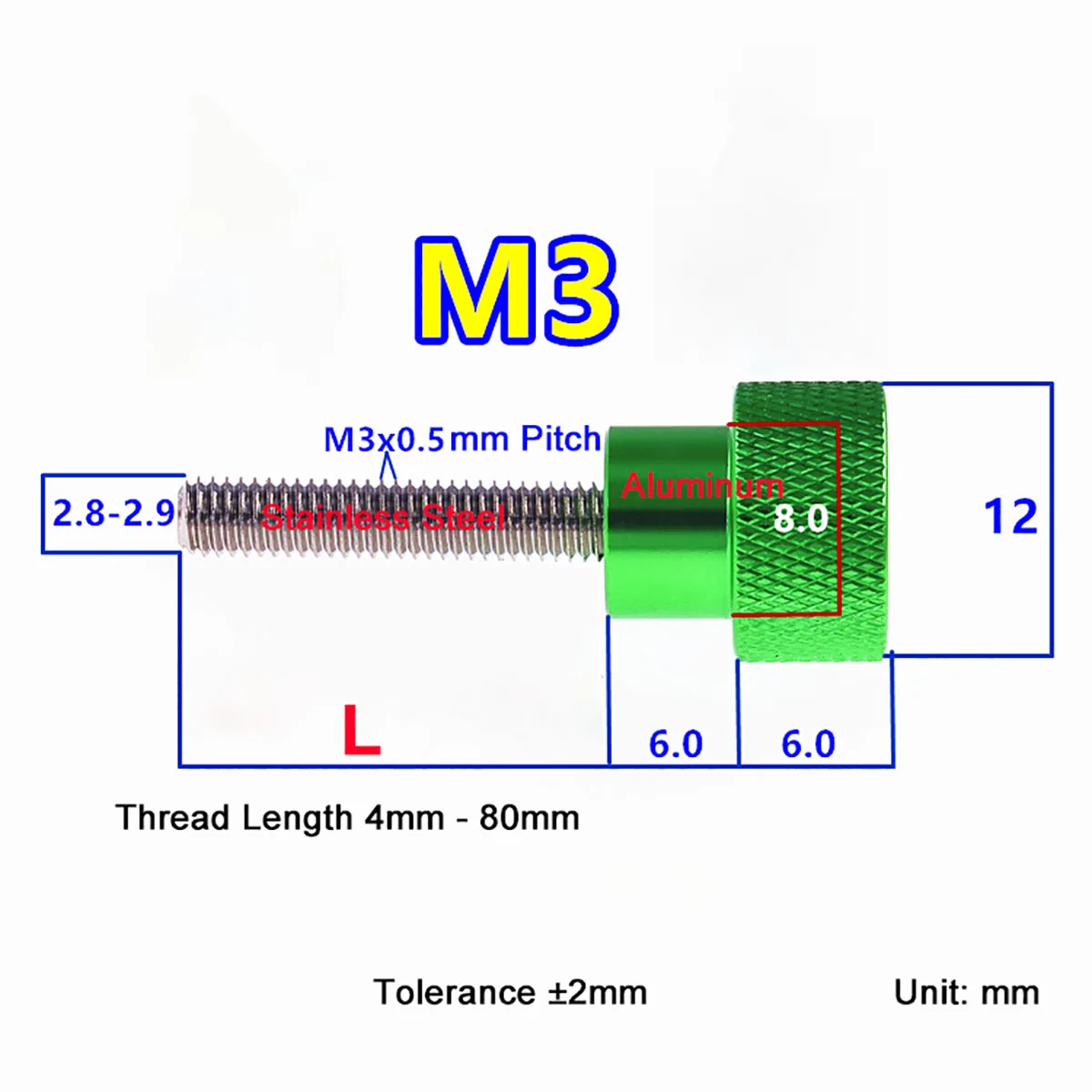 3Pcs viti a testa zigrinata in alluminio anodizzato M3 metrico 12x6mm testa zigrinata serrare a mano vite filettatura in acciaio inossidabile 4-80mm