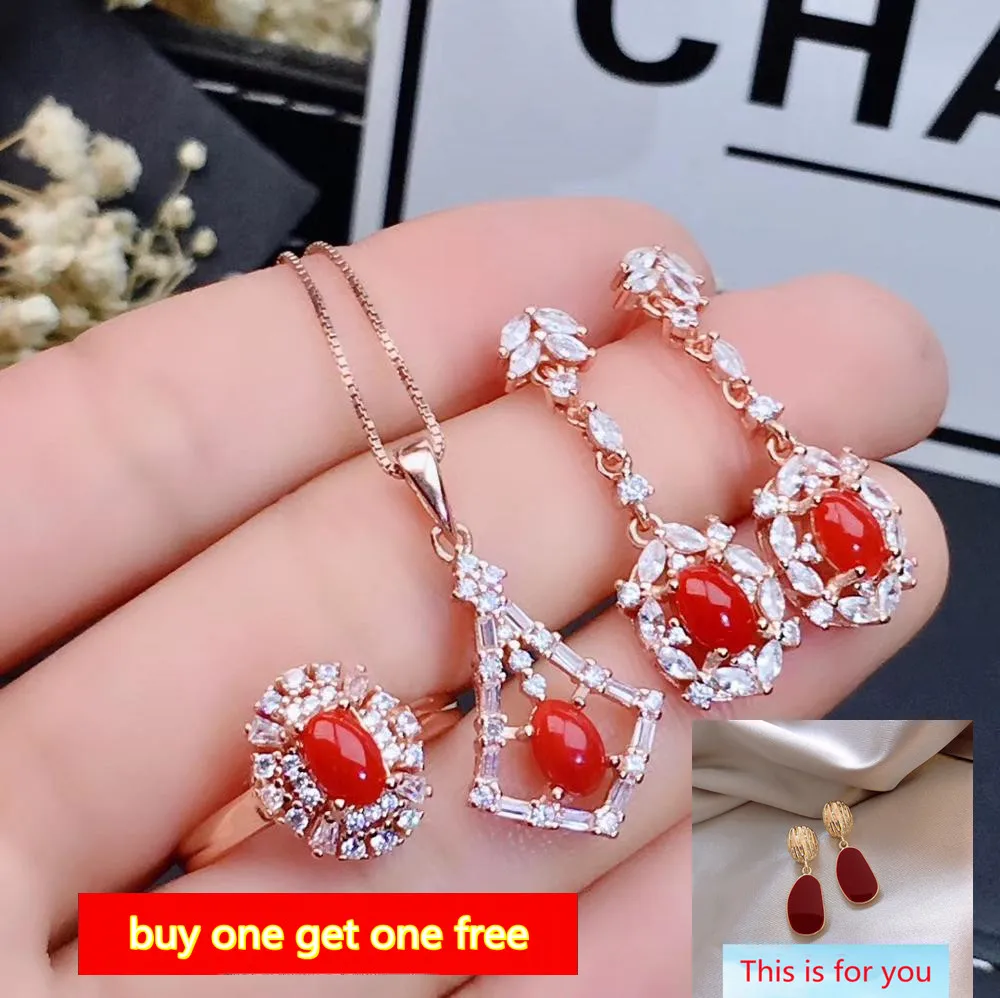 

KJJEAXCMY Boutique Jewelry 925 Sterling Silver Inlaid Natural Red Coral Necklace Ring Earring Set Support Test