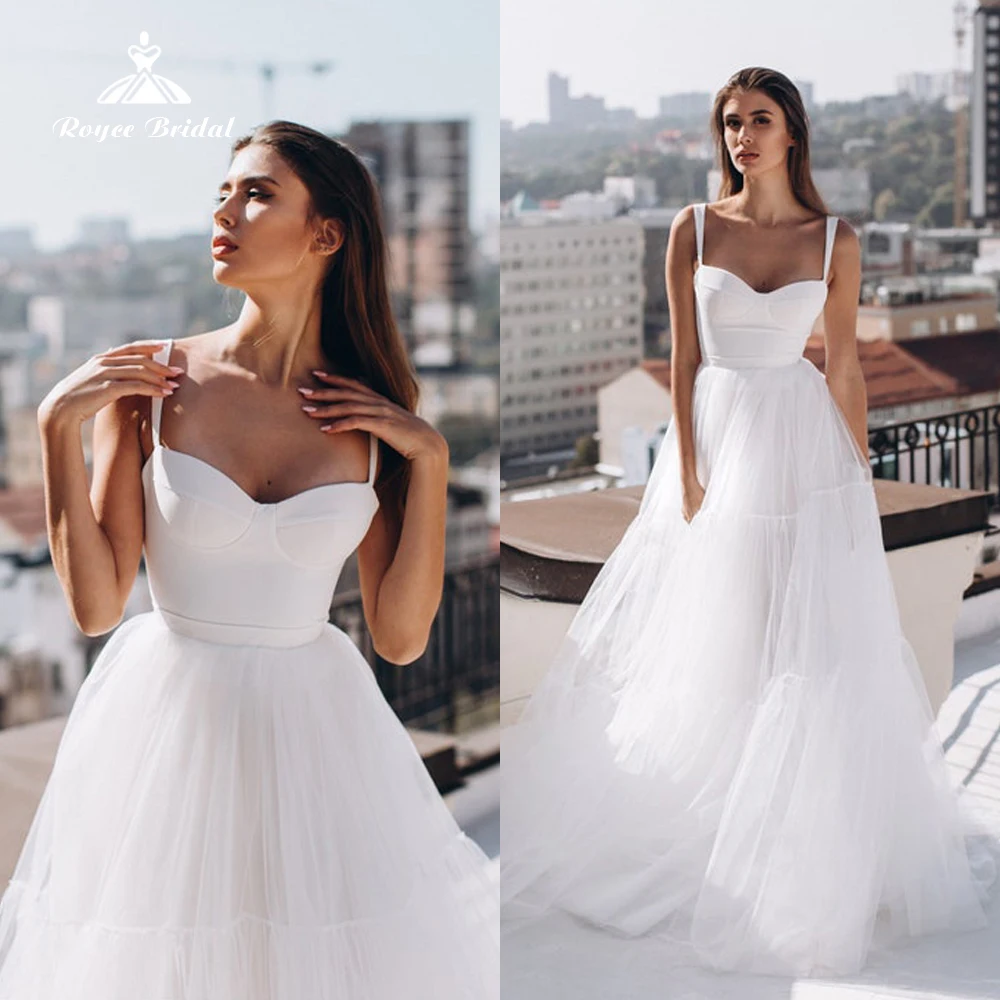 Simple Tiered Tulle กระโปรง A-Line ชุดแต่งงาน Bustier Bodice กับเย็บถ้วย Bustier ชุดเจ้าสาวเปิดกลับ свадебное