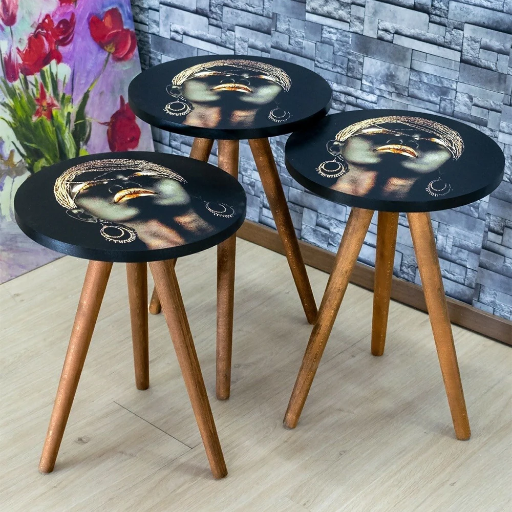 Nesting Table 3 Pieces Metal or Wood Leg Side Table Tea Coffee Service Table Round Living Room Commode, Woman Figured Table