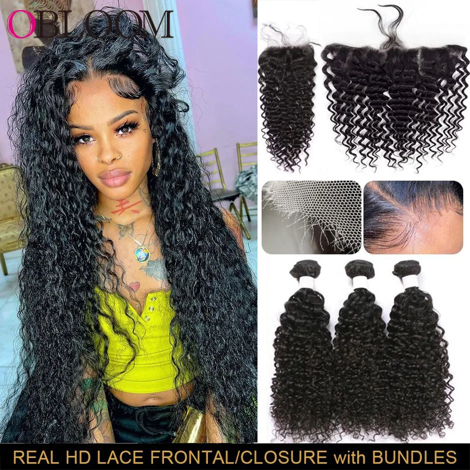 

32in Curly HD 13x4 13x6 Lace Frontal With Bundles Melt Skin Deep Wave 5x5 HD Lace 3 Bundles With Closure Hair Weave Extension